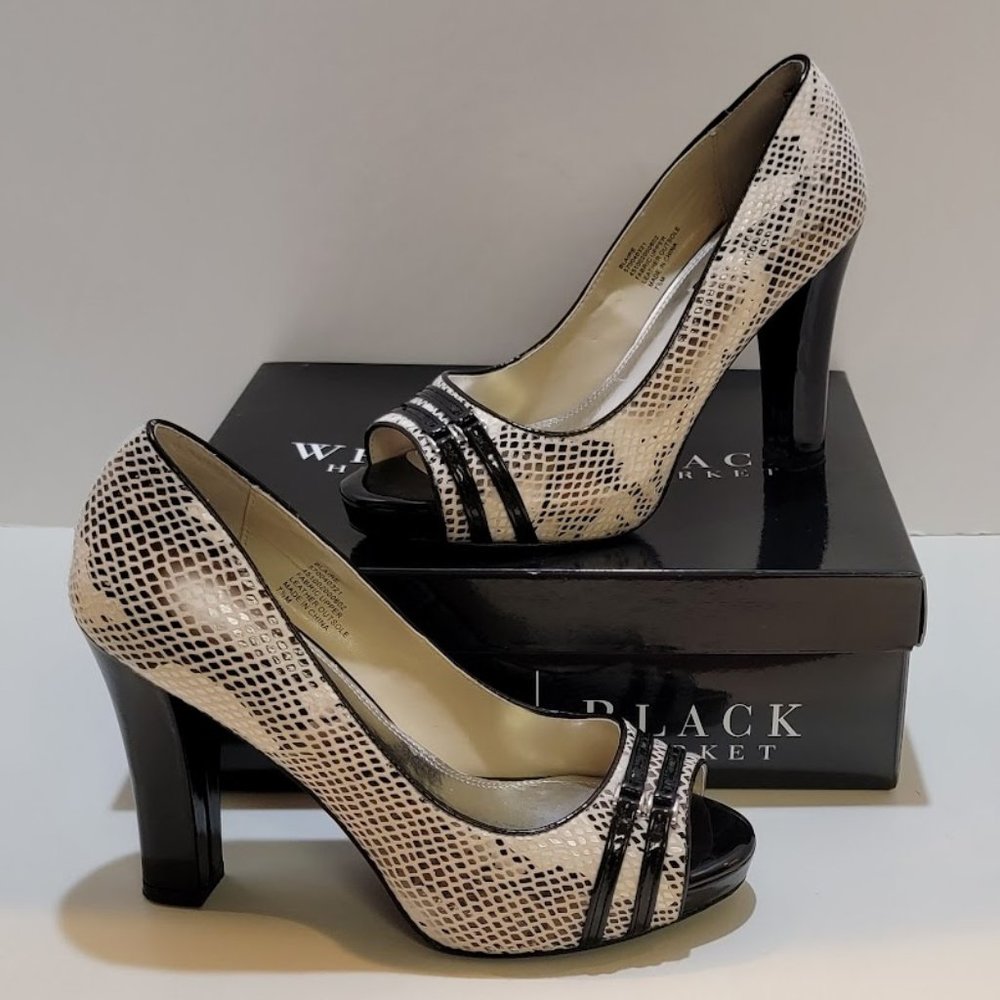 WHBM Blaire Snake Print Peep Toe Chunk Heels 7.5